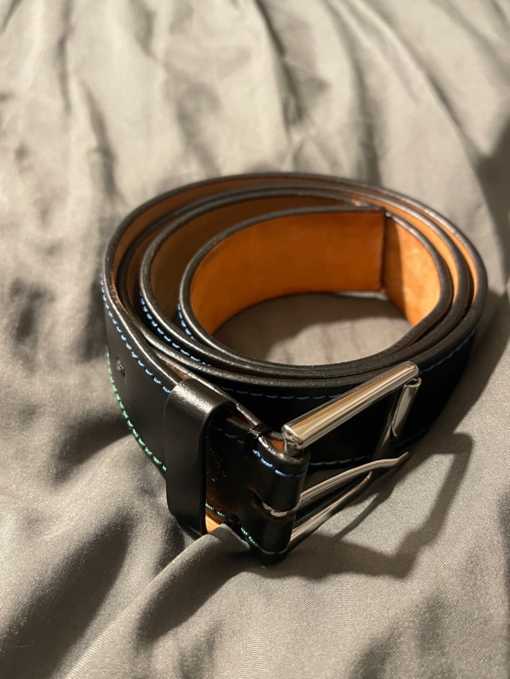 Paul Smith Black Leather Belt with Blue & Green Stitching